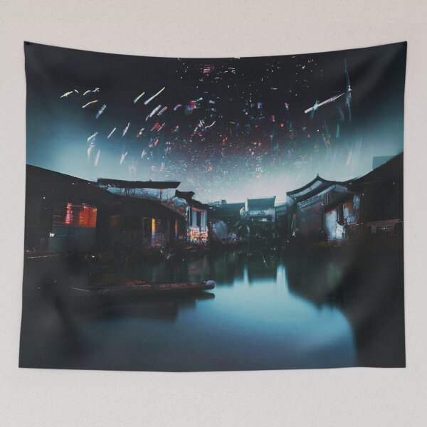 Item preview, starry night with shooting stars in an ancient town designed and sold by MerryCrown.