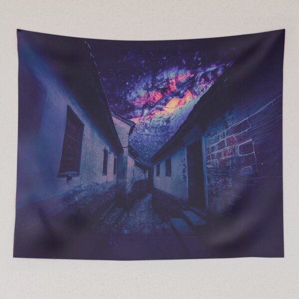 Item preview, starry night in an ancient town with weird sky in dark purple designed and sold by MerryCrown.