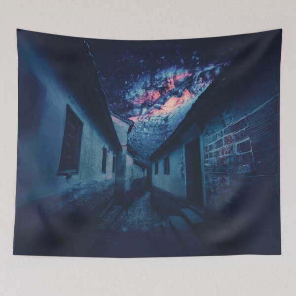 Item preview, starry night in an ancient town with weird sky in dark green designed and sold by MerryCrown.