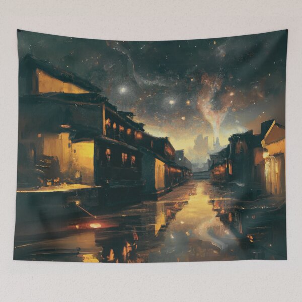 Item preview, The dark Starry Night with aurora for ancient town scene designed and sold by MerryCrown.