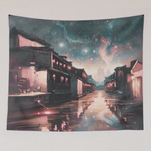 Item preview, The Starry Night with aurora for ancient town beside lake designed and sold by MerryCrown.