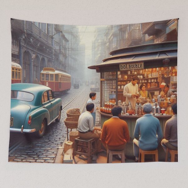 Item preview, Classic 1970s Kolkata – AI-Powered Colorful Roadside Café Scene for City Lovers, Travelers, and Vintage Enthusiasts designed and sold by knalpot-design.