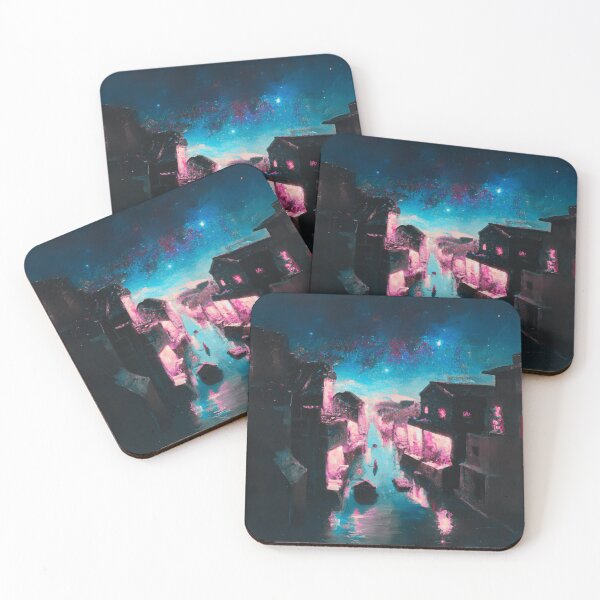 Item preview, The Starry Night of waterside ancient town view in pink designed and sold by MerryCrown.