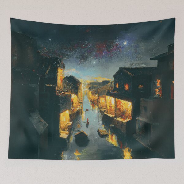 Item preview, Dark Starry Night of waterside ancient town designed and sold by MerryCrown.