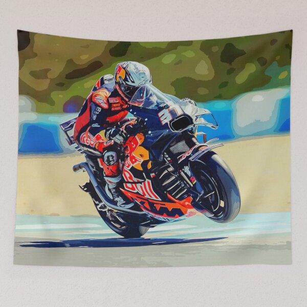 Item preview, Pedro Acosta racing his 2025 MotoGP Motorcycle accelerating out of the corner making a small wheelie watercolor designed and sold by Rodissimus1984.
