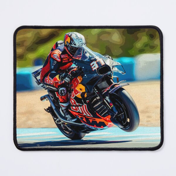 Item preview, Pedro Acosta racing his 2025 MotoGP Motorcycle accelerating out of the corner making a small wheelie abstract designed and sold by Rodissimus1984.