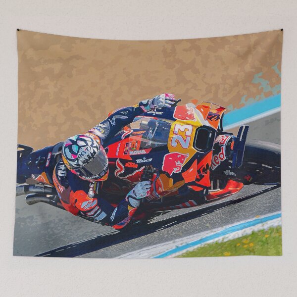 Item preview, Enea Bastianini racing his 2025 MotoGP Motorcycle hanging in the corners watercolor designed and sold by Rodissimus1984.