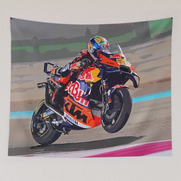 Item preview, Brad Binder racing his 2025 MotoGP Motorcycle accelerating out of the corner making a small wheelie watercolor designed and sold by Rodissimus1984.