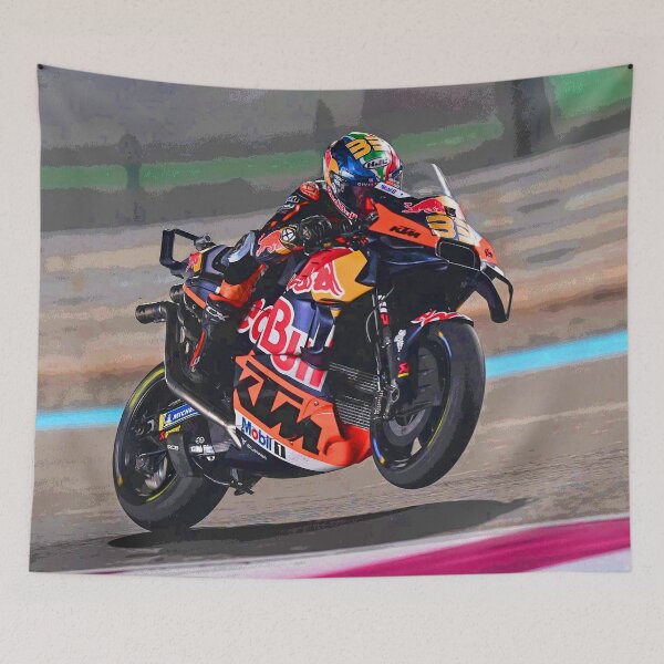 Item preview, Brad Binder racing his 2025 MotoGP Motorcycle accelerating out of the corner making a small wheelie abstract designed and sold by Rodissimus1984.