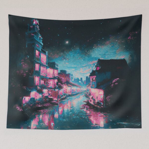 Item preview, The Starry Night of waterside ancient town with pink light designed and sold by MerryCrown.