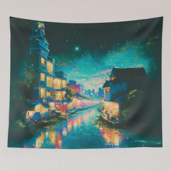 Item preview, The Starry Night of waterside ancient town (cyan) designed and sold by MerryCrown.