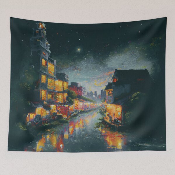 Item preview, The grey Starry Night of waterside ancient town designed and sold by MerryCrown.