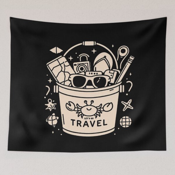 Item preview, let's go Travel Logo – AI Artwork of a Bucket Filled with Travel Icons for Beach Lovers and Adventure-Ready Accessories designed and sold by knalpot-design.