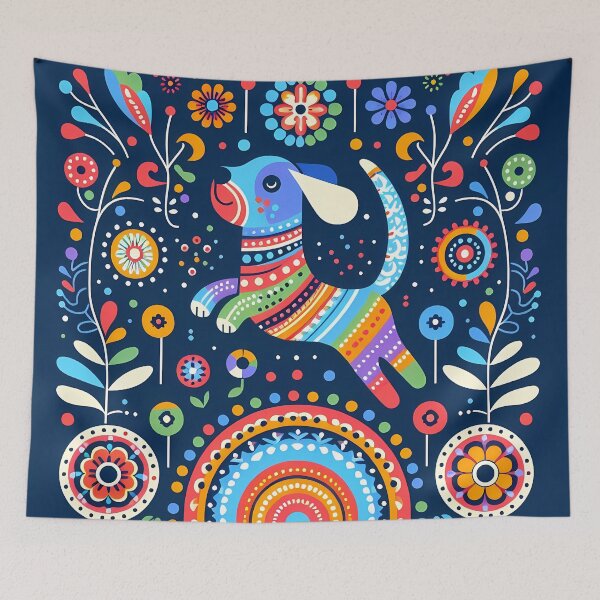 Item preview, Scandinavian Folk Art Cute Rainbow Puppy Leaping by heidiannemorris © designed and sold by FOLK ART FUSION by heidiannemorris.