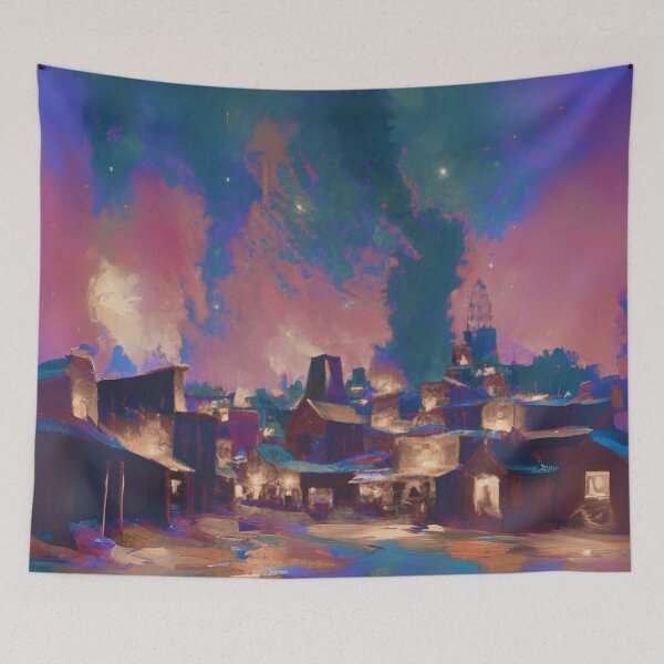 Item preview, The Starry Night of ancient town with cool colorful sky and land designed and sold by MerryCrown.