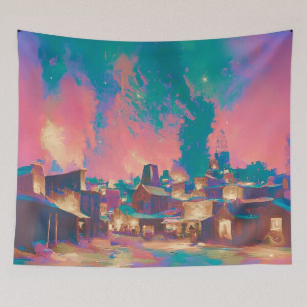 Item preview, The Starry Night of ancient town with bright colorful sky and land designed and sold by MerryCrown.