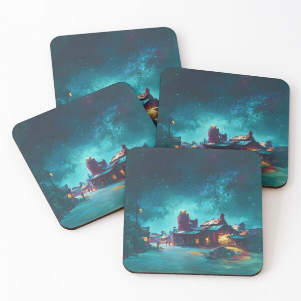Item preview, The Starry Night of a small town covered in snow with teal view designed and sold by MerryCrown.
