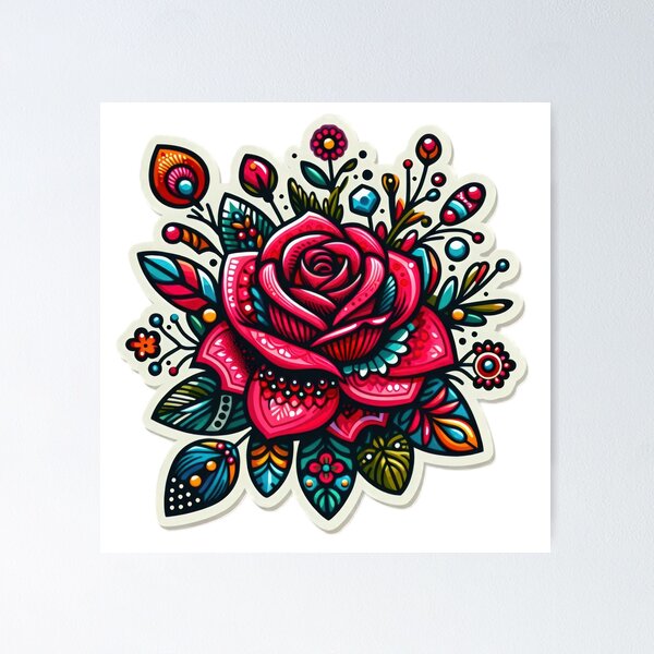 Artikelvorschau, Boho Red Rose Blumenaufkleber, Bohemian, Bloom Boom, Frühling, Blumen entworfen und verkauft von Expressions-Sel.