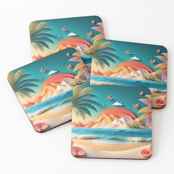 Item preview, Ocean landscape 3d painting,  tropical, summer, palm leaves,  coconut trees, Hawaiian flower landscape,  beach, sunset,  ocean landscape designed and sold by navitalidesign.