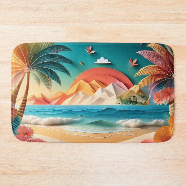 Item preview, Ocean landscape 3d painting,  tropical, summer, palm leaves,  coconut trees, Hawaiian flower landscape,  beach, sunset,  ocean landscape designed and sold by navitalidesign.