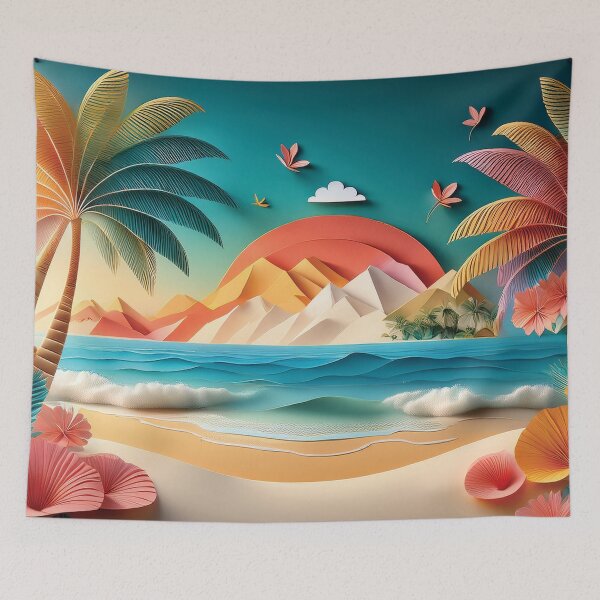 Item preview, Ocean landscape 3d painting,  tropical, summer, palm leaves,  coconut trees, Hawaiian flower landscape,  beach, sunset,  ocean landscape designed and sold by navitalidesign.
