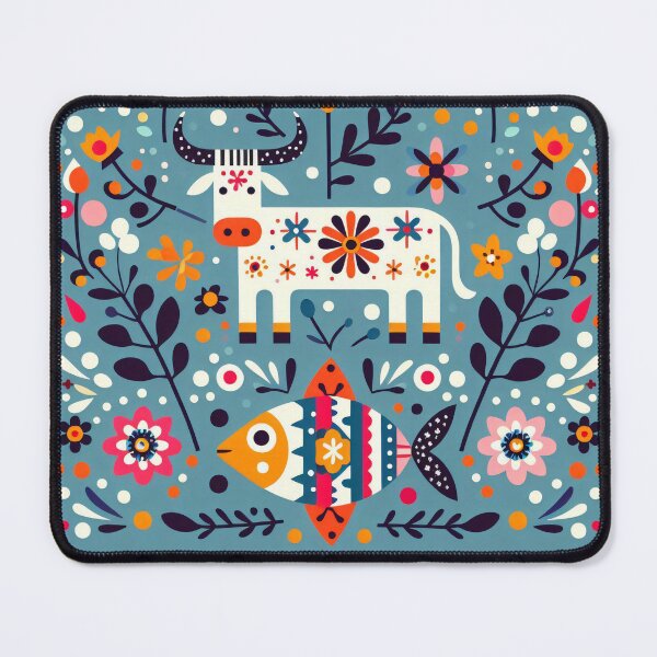 Item preview, Scandinavian Folk Art Cute Cow and Fish Together by heidiannemorris © designed and sold by FOLK ART FUSION by heidiannemorris.