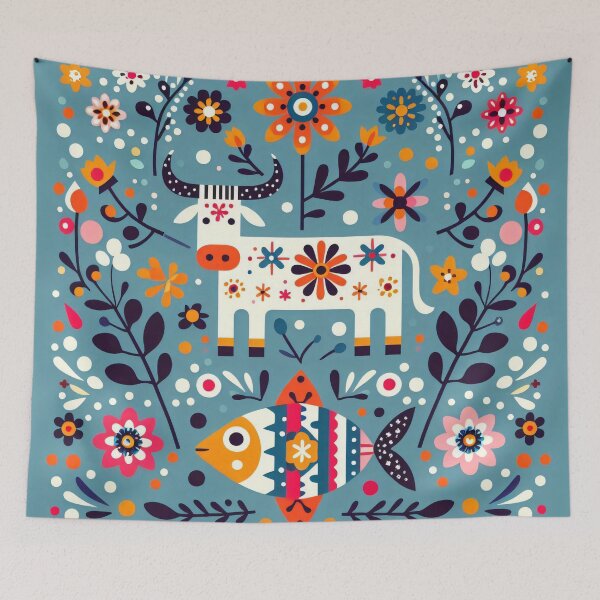Item preview, Scandinavian Folk Art Cute Cow and Fish Together by heidiannemorris © designed and sold by FOLK ART FUSION by heidiannemorris.
