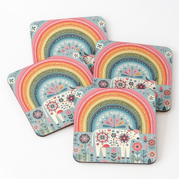 Item preview, Scandinavian Folk Art Cute Cow in a Rainbow Meadow by heidiannemorris © designed and sold by FOLK ART FUSION by heidiannemorris.