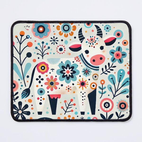 Item preview, Scandinavian Folk Art Cute Cow with Happy Flowers in a Meadow by heidiannemorris © designed and sold by FOLK ART FUSION.