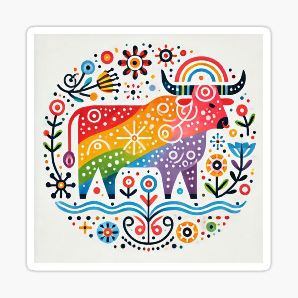Item preview, Scandinavian Folk Art Cute Rainbow Taurus Bull by heidiannemorris © designed and sold by FOLK ART FUSION by heidiannemorris.