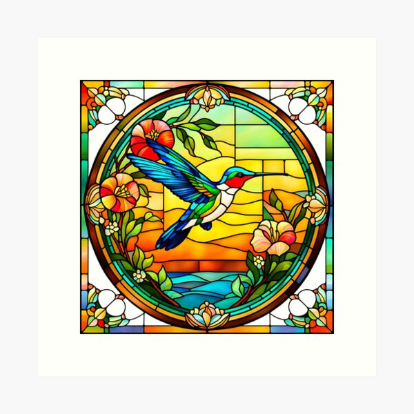 Item preview, HUMMINGBIRD SEASIDE BEACH COTTAGE FLOWER GARDEN * Stained Glass * ABSTRACT PRINT Fine Art Craft Gallery Baby Bridal Shower Wedding Floral Botanical Nature Bird Lover GIFT designed and sold by Spinning Plates 360.