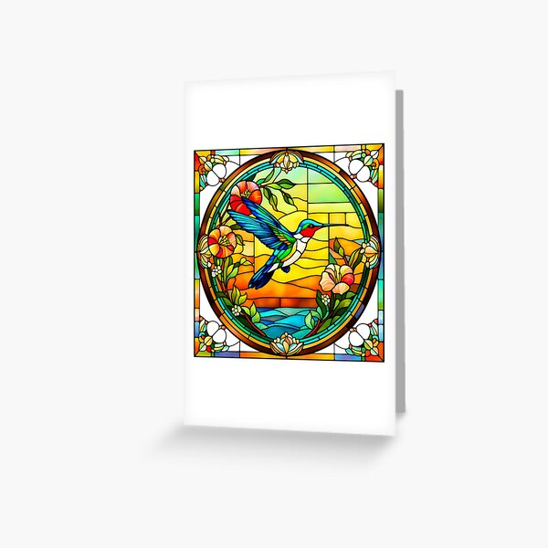 Item preview, HUMMINGBIRD SEASIDE BEACH COTTAGE FLOWER GARDEN * Stained Glass * ABSTRACT PRINT Fine Art Craft Gallery Baby Bridal Shower Wedding Floral Botanical Nature Bird Lover GIFT designed and sold by Spinning Plates 360.