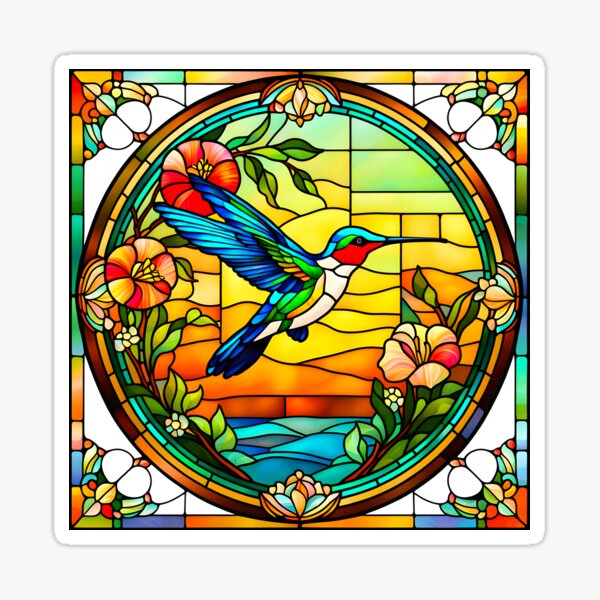 Item preview, HUMMINGBIRD SEASIDE BEACH COTTAGE FLOWER GARDEN * Stained Glass * ABSTRACT PRINT Fine Art Craft Gallery Baby Bridal Shower Wedding Floral Botanical Nature Bird Lover GIFT designed and sold by Spinning Plates 360.