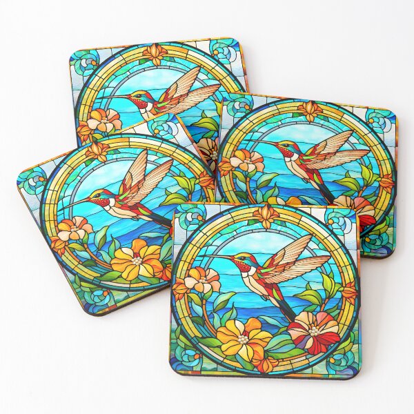Item preview, HUMMINGBIRD SEASIDE OCEANIC WAVES AQUA BEACH COTTAGE FLOWER GARDEN * Stained Glass * ABSTRACT PRINT Fine Art Craft Gallery Baby Bridal Shower Wedding Floral Botanical Nature Bird Lover GIFT designed and sold by Spinning Plates 360.