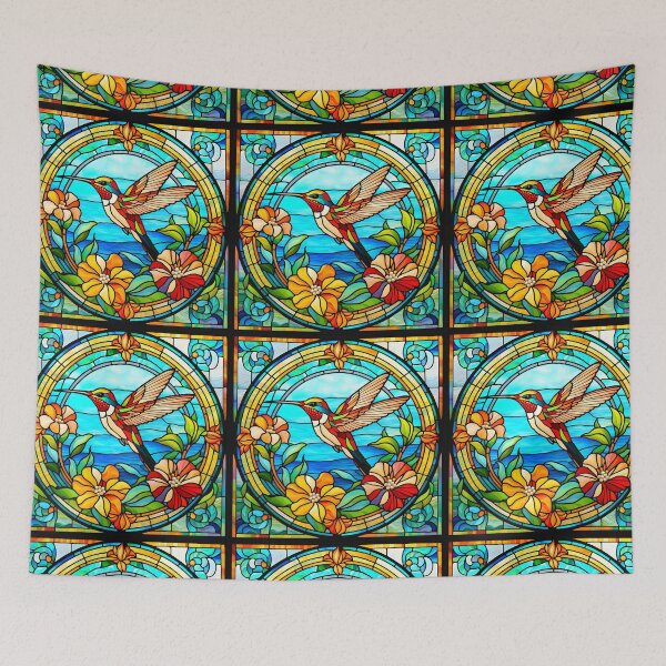 Item preview, HUMMINGBIRD SEASIDE OCEANIC WAVES AQUA BEACH COTTAGE FLOWER GARDEN * Stained Glass * ABSTRACT PRINT Fine Art Craft Gallery Baby Bridal Shower Wedding Floral Botanical Nature Bird Lover GIFT designed and sold by Spinning Plates 360.