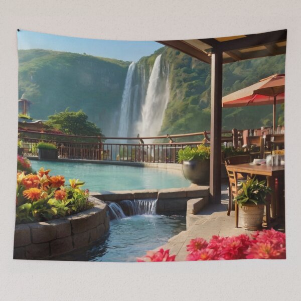 Item preview, Cascading Waters and Coffee: A Terrace Café Journey designed and sold by BlareBlare.