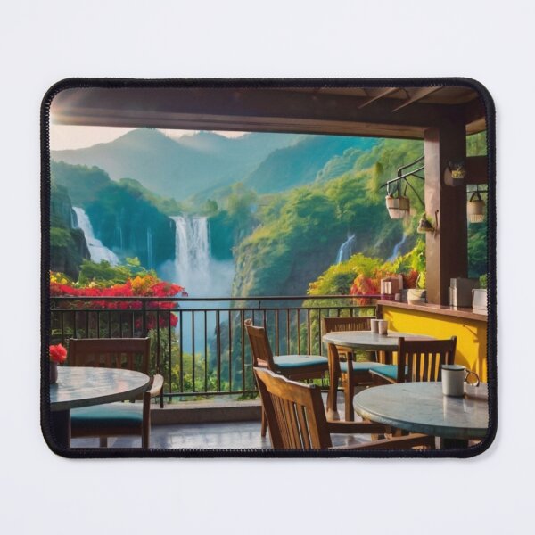 Item preview, Sunlit Terrace Café Beside the Valley Waterfall designed and sold by BlareBlare.