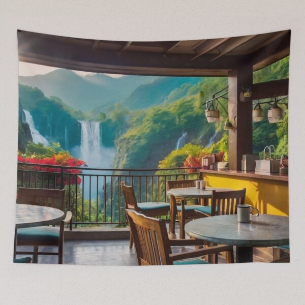 Item preview, Sunlit Terrace Café Beside the Valley Waterfall designed and sold by BlareBlare.