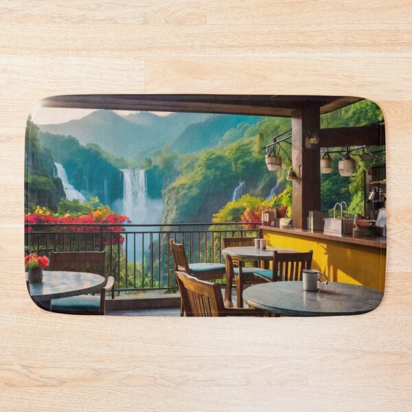 Item preview, Sunlit Terrace Café Beside the Valley Waterfall designed and sold by BlareBlare.