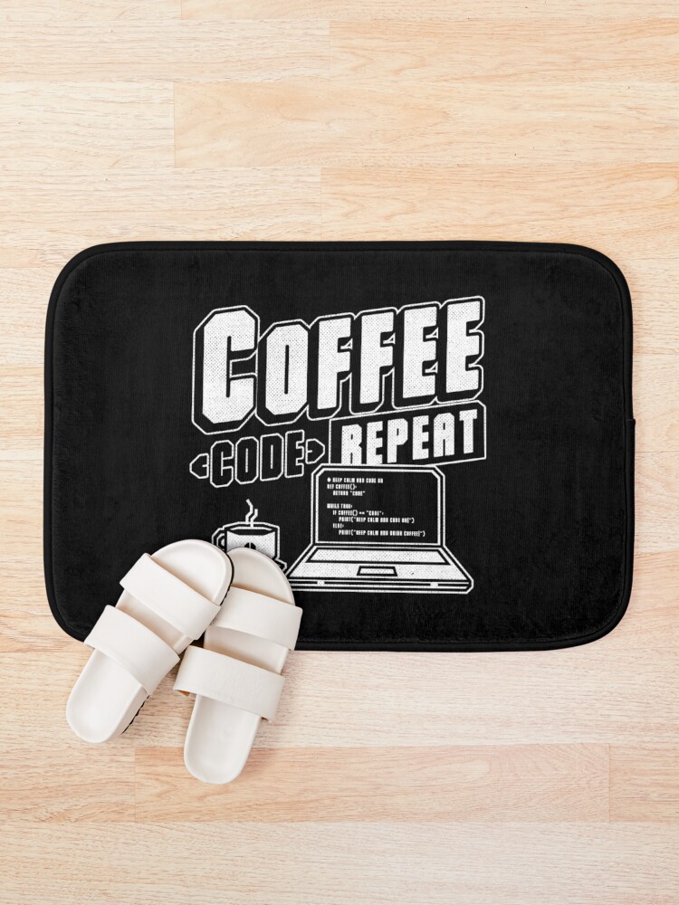 Thumbnail 1 of 6, Bath Mat, Coffee Code Repeat - Computer Technology STEM Gift designed and sold by studiomootant.
