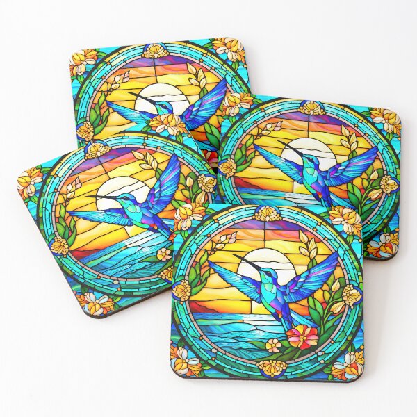 Item preview, HUMMINGBIRD OCEAN WAVE SUNSET SEASIDE BEACH COTTAGE FLOWER GARDEN * Stained Glass * ABSTRACT PRINT Fine Art Craft Gallery Baby Bridal Shower Wedding Floral Botanical Nature Bird Lover GIFT designed and sold by Spinning Plates 360.
