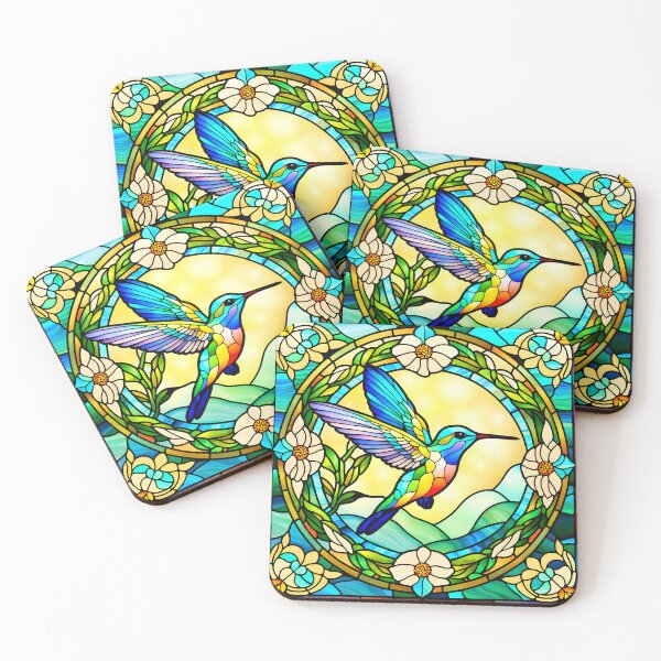 Item preview, HUMMINGBIRD SEASIDE MOUNTAIN VALLEY VERDANT BEACH COTTAGE FLOWER GARDEN * Stained Glass * ABSTRACT PRINT Fine Art Craft Gallery Baby Bridal Shower Wedding Floral Botanical Nature Bird Lover GIFT designed and sold by Spinning Plates 360.
