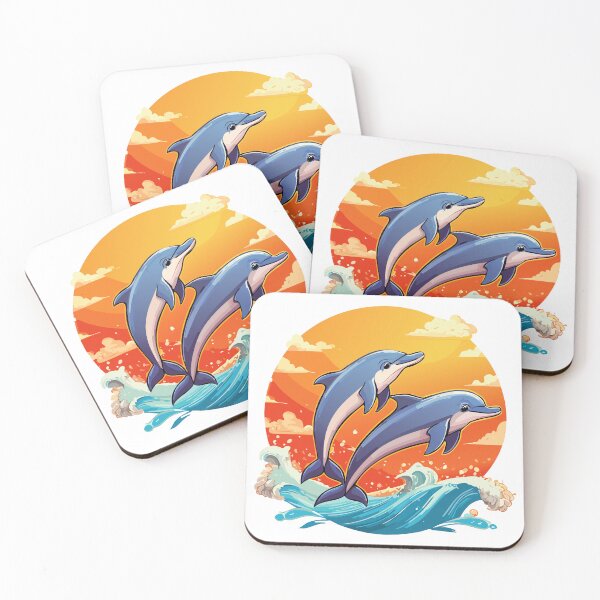 Item preview, Two jumping cartoon dolphin isolated on white background, Playful Dolphin, dolphin leaping above water, dolphin jumping out of water, Playful dolphin illustration jumping over ocean waves designed and sold by Danler.