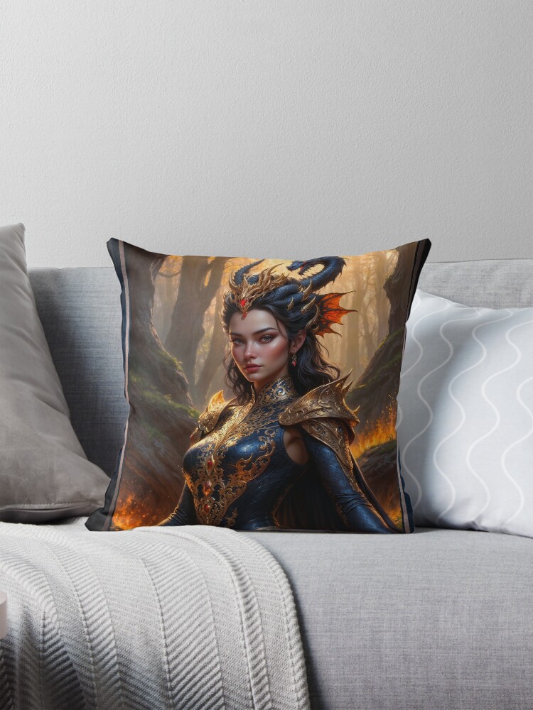 Portrait Of The Dragon Fire Queen Xzelia Verelsa AI Concept Art by Xzendor7 | An Enigmatic Mystical Beauty 4 Portrait Of The Dragon Fire Queen Xzelia Verelsa Stunning AI Concept Art by Xzendor7 Decorative Art Print Throw Pillow
