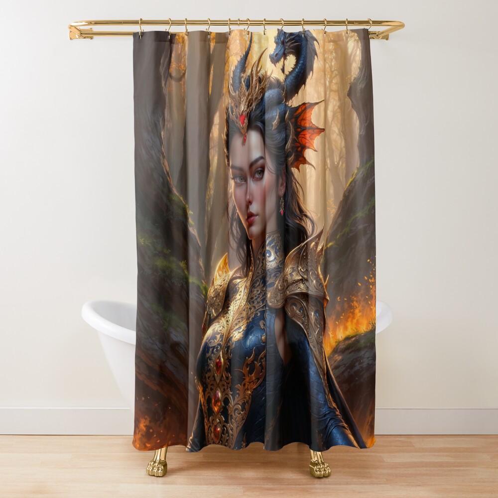 Portrait Of The Dragon Fire Queen Xzelia Verelsa AI Concept Art by Xzendor7 | An Enigmatic Mystical Beauty 3 Portrait Of The Dragon Fire Queen Xzelia Verelsa Stunning AI Concept Art by Xzendor7 Decorative Art Print Shower Curtain