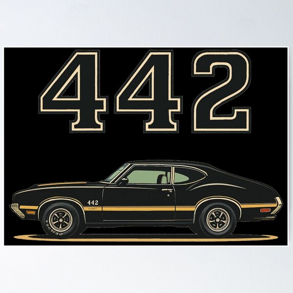 Item preview, Black Oldsmobile 442 Muscle Car Side Profile Poster – Retro Gold Trim Classic Car Art designed and sold by TheArtOfCar.