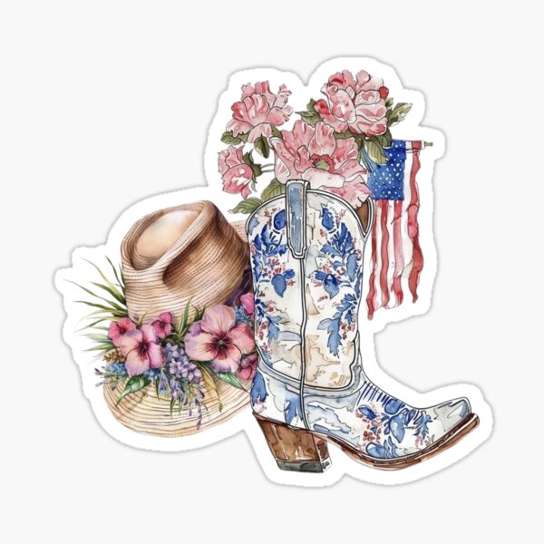 Floral Western Boot, Hat & American Flag Sticker