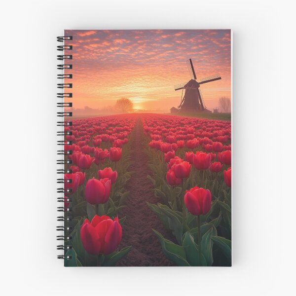 Artikelvorschau, Holländische Tulpenfelder bei Sonnenuntergang mit Windmühle – Ruhige Blumenlandschaft entworfen und verkauft von Patricks-Art.