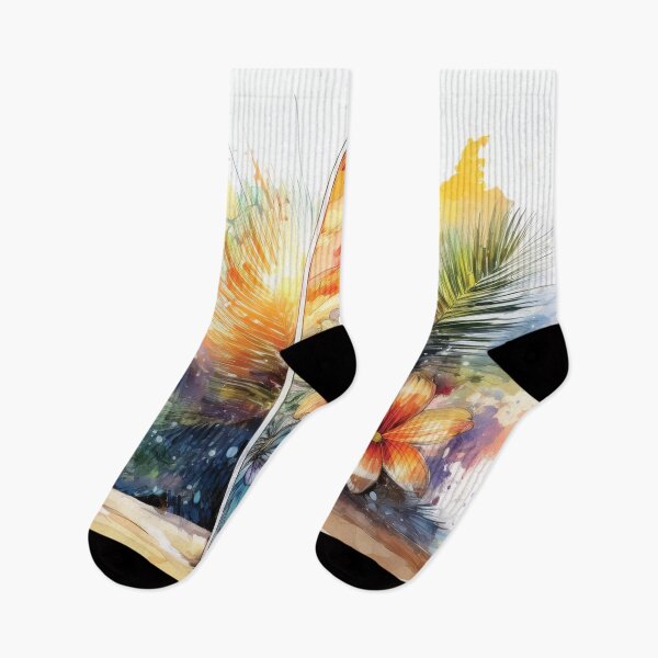 Item preview, Surf board, Ocean landscape painting, surfer, tropical, floral, palm tree, summer, sand, sun, sea, beach, ocean landscape designed and sold by navitalidesign.