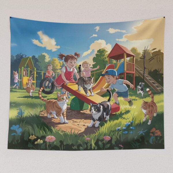 Item preview,   Vibrant Playground Scene with Children, Cats and Sunset Glow designed and sold by AnimalAirtistry.